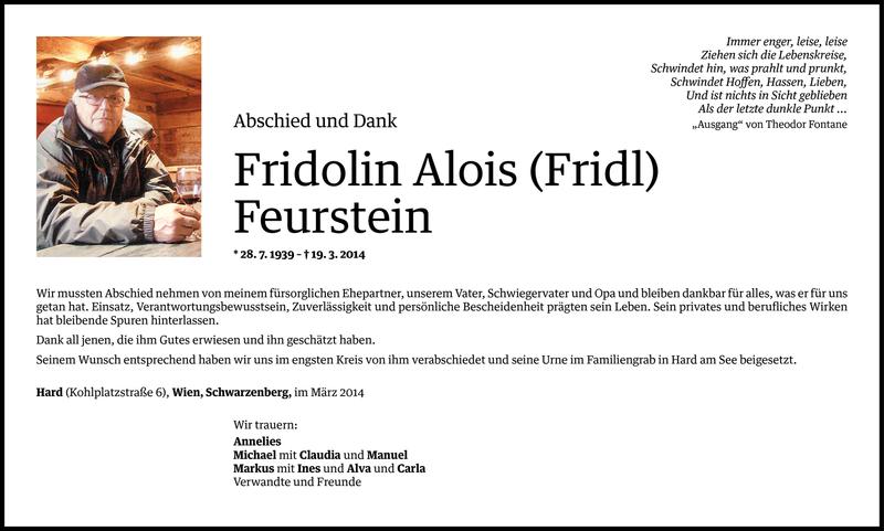  Todesanzeige für Fridolin Alois Feurstein vom 29.03.2014 aus Vorarlberger Nachrichten