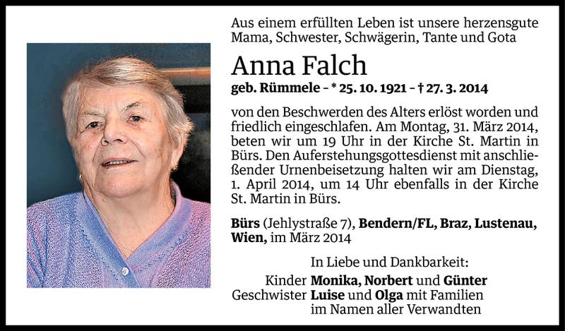  Todesanzeige für Anna Falch vom 28.03.2014 aus Vorarlberger Nachrichten