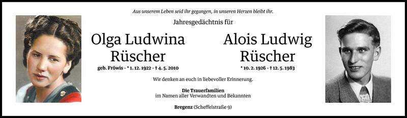  Todesanzeige für Olga Ludwina und Alois Ludwig Rüscher vom 02.05.2014 aus Vorarlberger Nachrichten