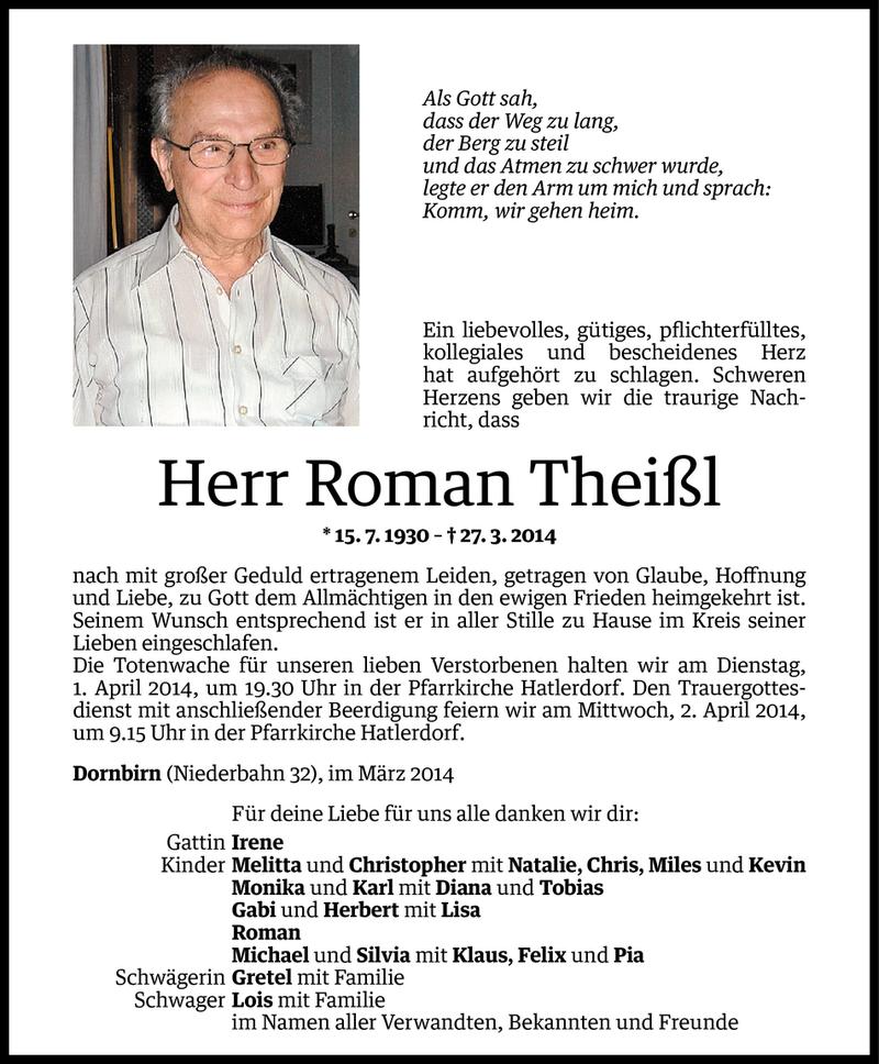  Todesanzeige für Roman Theißl vom 28.03.2014 aus Vorarlberger Nachrichten