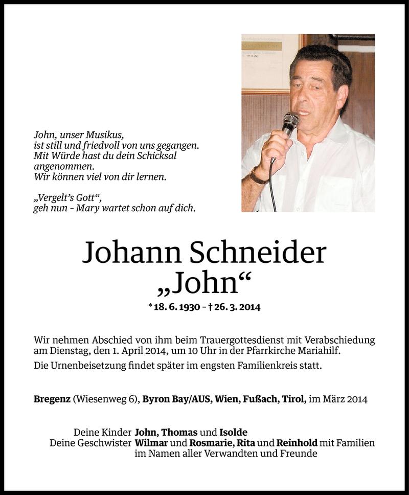  Todesanzeige für Johann Schneider vom 28.03.2014 aus Vorarlberger Nachrichten