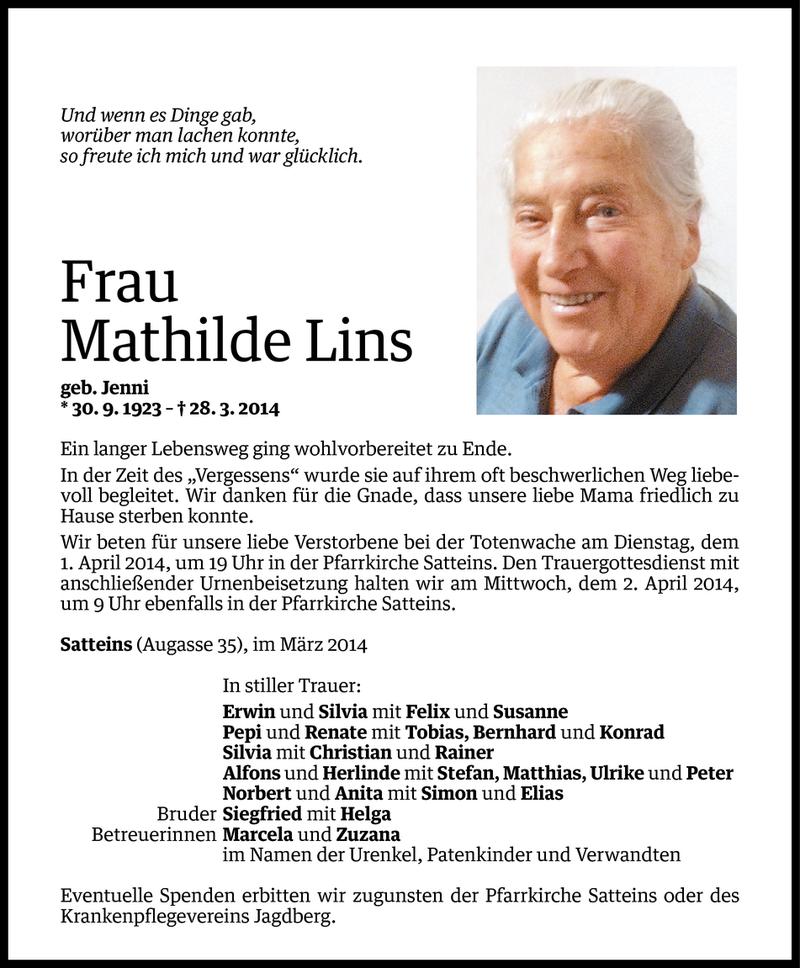  Todesanzeige für Mathilde Lins vom 30.03.2014 aus Vorarlberger Nachrichten
