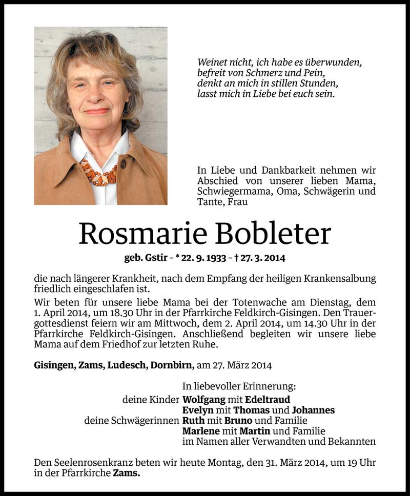  Todesanzeige für Rosmarie Bobleter vom 30.03.2014 aus Vorarlberger Nachrichten