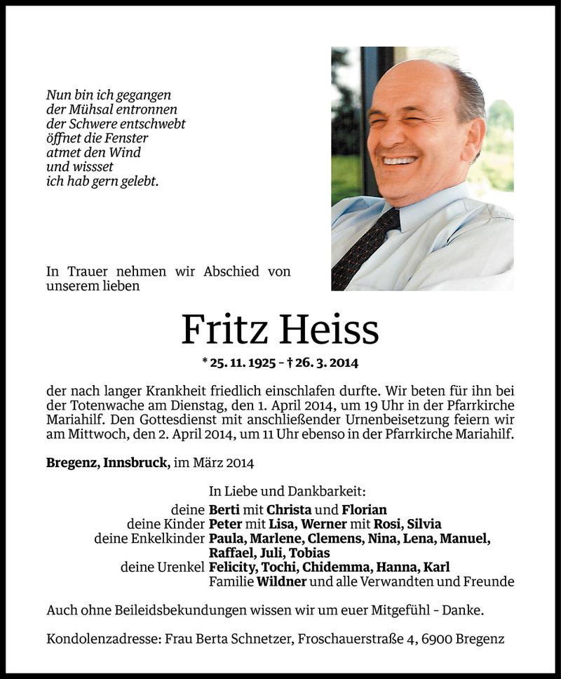  Todesanzeige für Fritz Heiss vom 30.03.2014 aus Vorarlberger Nachrichten