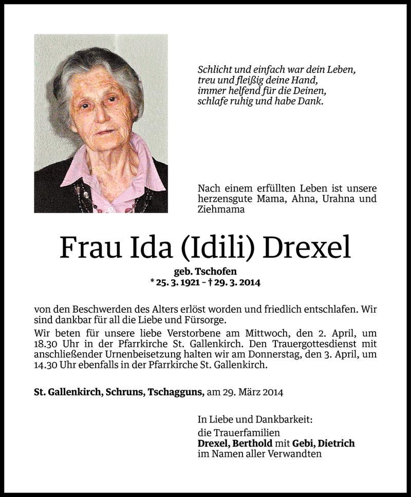  Todesanzeige für Ida Drexel vom 31.03.2014 aus Vorarlberger Nachrichten