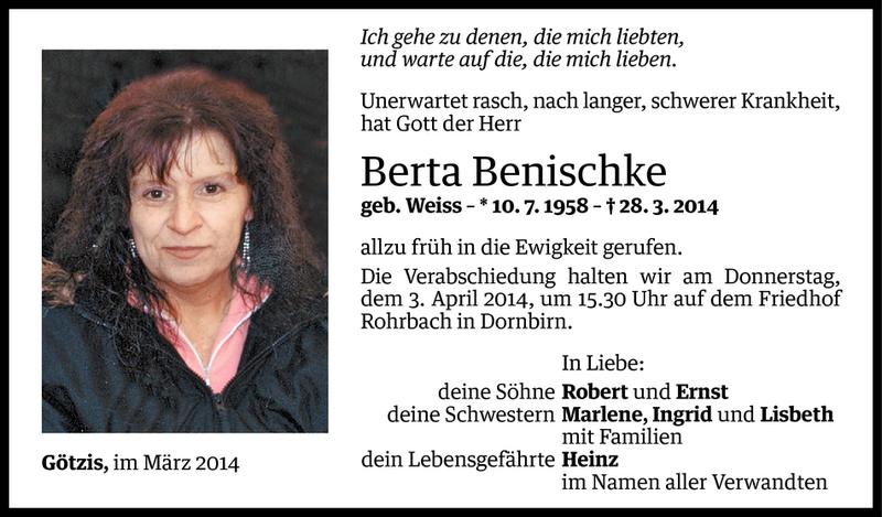  Todesanzeige für Berta Benischke vom 31.03.2014 aus Vorarlberger Nachrichten