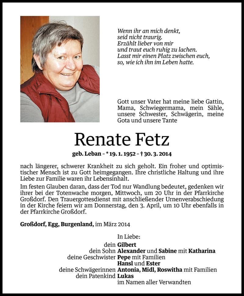 Todesanzeigen von Renate Fetz | Todesanzeigen Vorarlberger Nachrichten