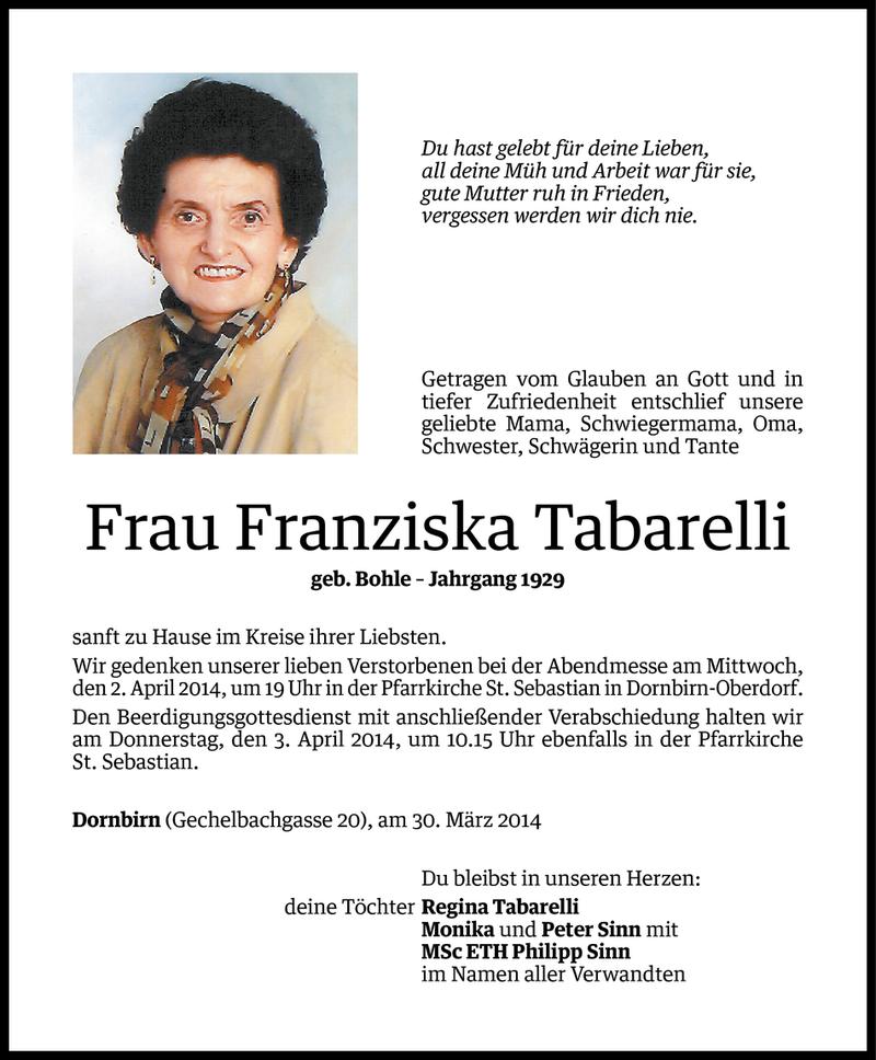  Todesanzeige für Franziska Tabarelli vom 31.03.2014 aus Vorarlberger Nachrichten