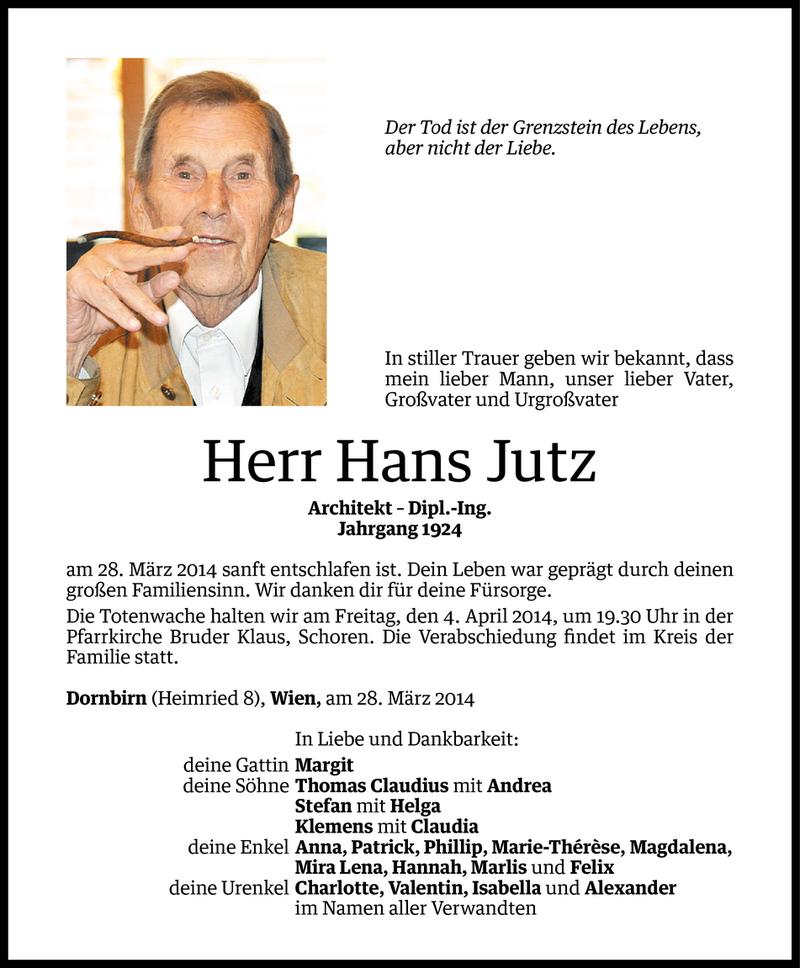  Todesanzeige für Hans Jutz vom 01.04.2014 aus Vorarlberger Nachrichten