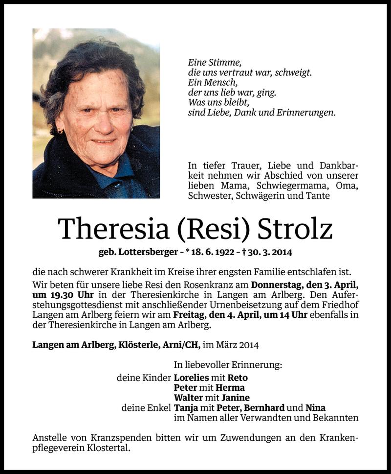  Todesanzeige für Theresia Strolz vom 02.04.2014 aus Vorarlberger Nachrichten