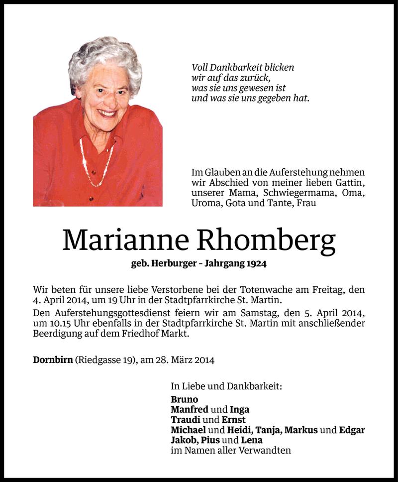  Todesanzeige für Marianne Rhomberg vom 01.04.2014 aus Vorarlberger Nachrichten