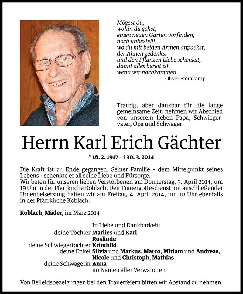  Todesanzeige für Karl Erich Gächter vom 01.04.2014 aus Vorarlberger Nachrichten