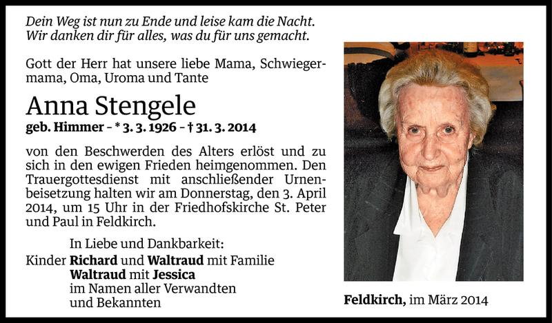  Todesanzeige für Anna Stengele vom 01.04.2014 aus Vorarlberger Nachrichten