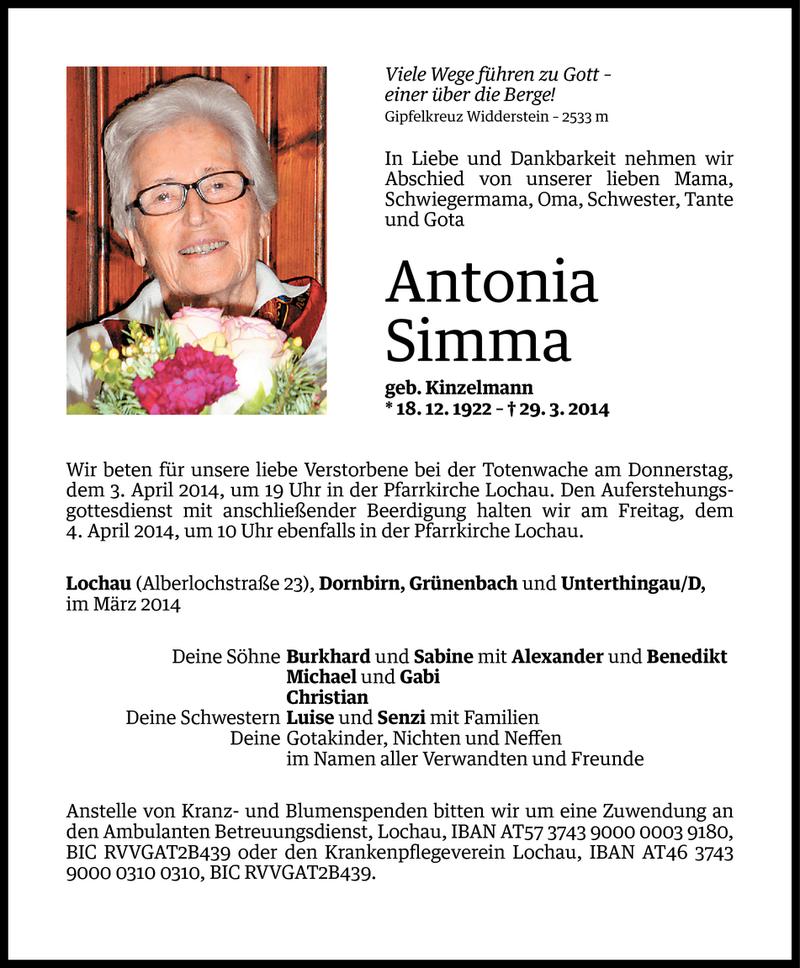  Todesanzeige für Antonia Simma vom 01.04.2014 aus Vorarlberger Nachrichten