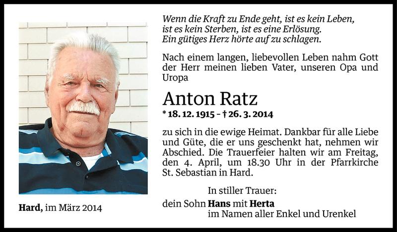  Todesanzeige für Anton Ratz vom 02.04.2014 aus Vorarlberger Nachrichten