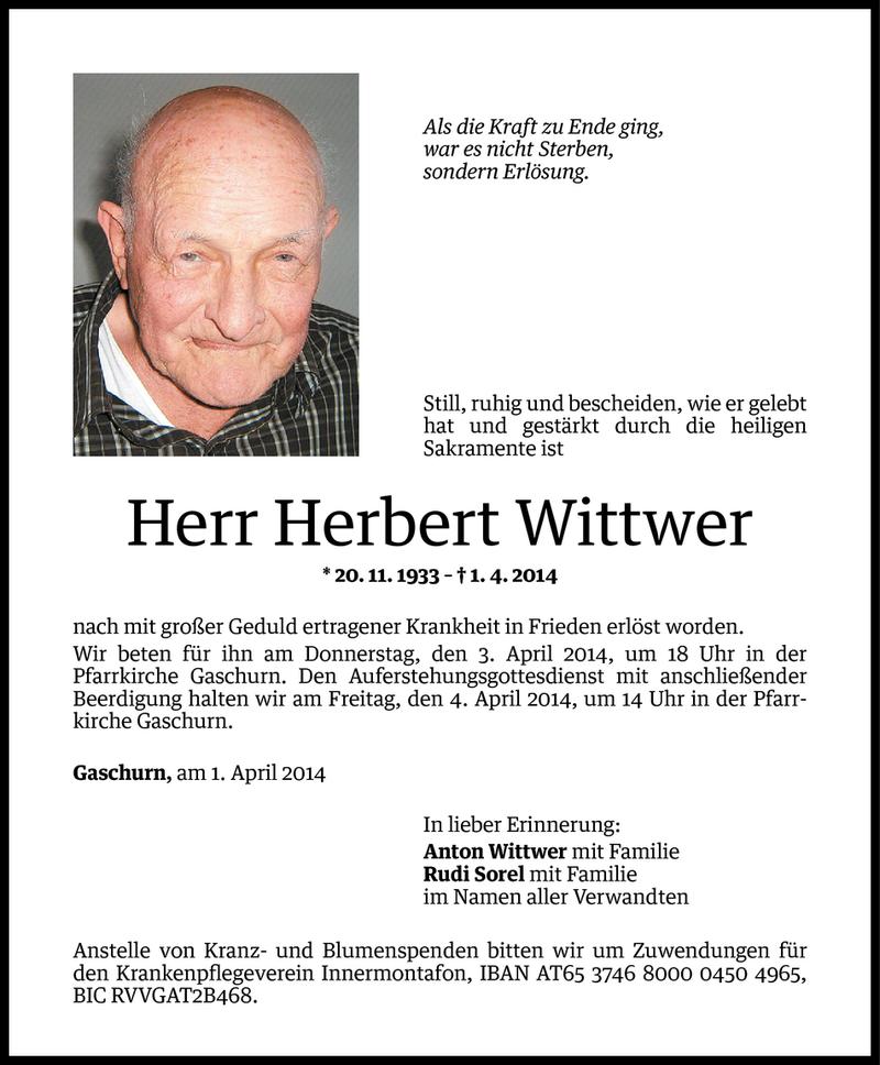  Todesanzeige für Herbert Wittwer vom 02.04.2014 aus Vorarlberger Nachrichten