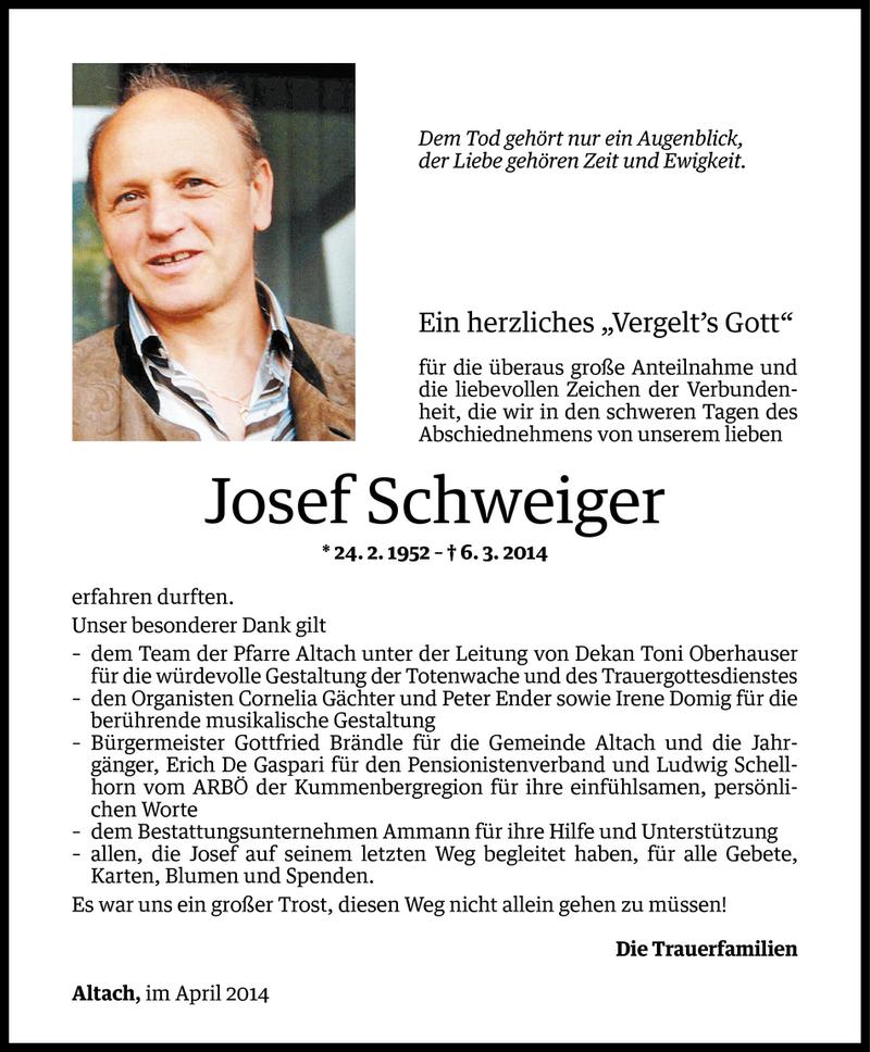  Todesanzeige für Josef Schweiger vom 02.04.2014 aus Vorarlberger Nachrichten