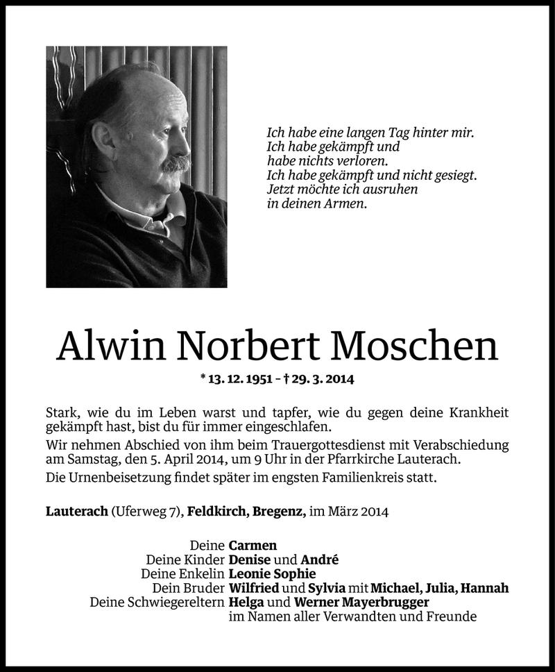  Todesanzeige für Alwin Moschen vom 02.04.2014 aus Vorarlberger Nachrichten