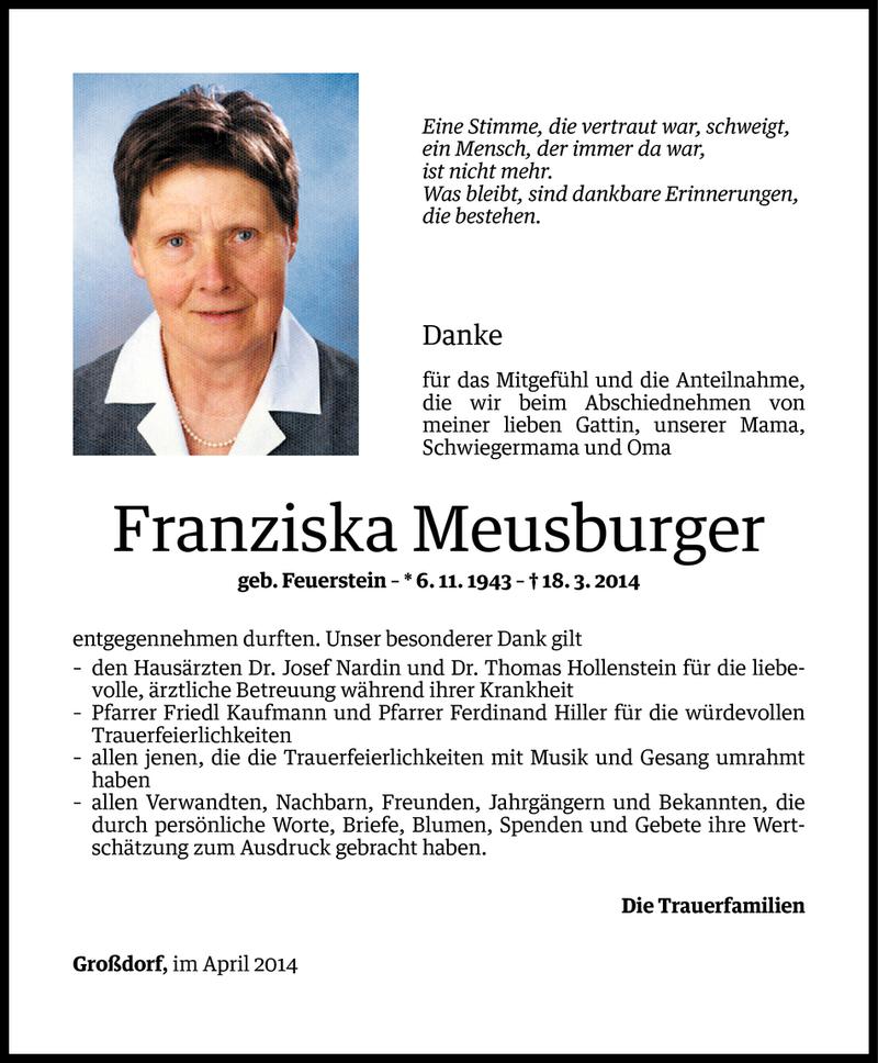  Todesanzeige für Franziska Meusburger vom 03.04.2014 aus Vorarlberger Nachrichten