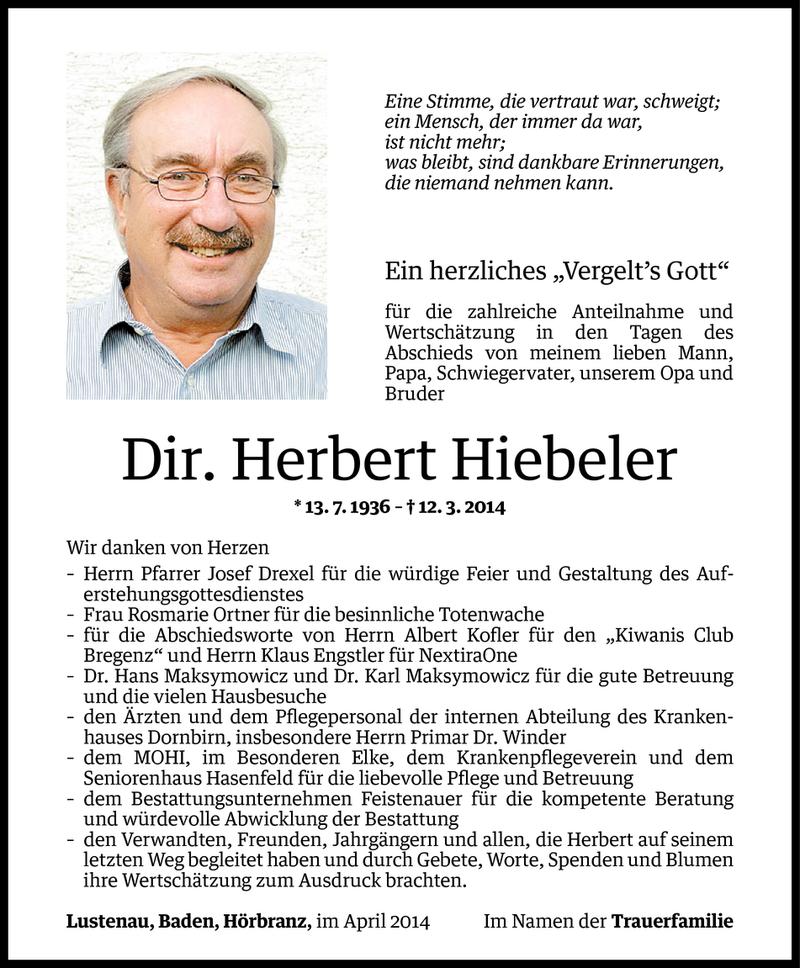  Todesanzeige für Herbert Hiebeler vom 04.04.2014 aus Vorarlberger Nachrichten