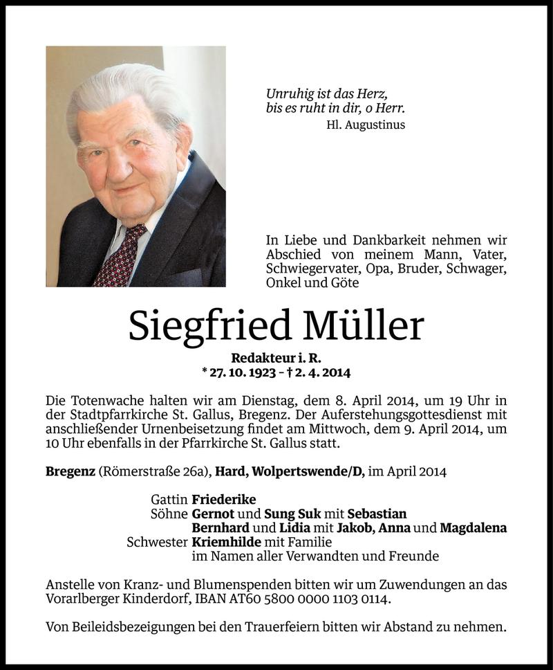  Todesanzeige für Siegfried Müller vom 04.04.2014 aus Vorarlberger Nachrichten