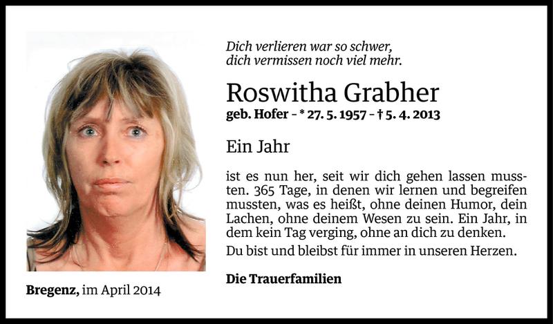  Todesanzeige für Roswitha Grabher vom 04.04.2014 aus Vorarlberger Nachrichten