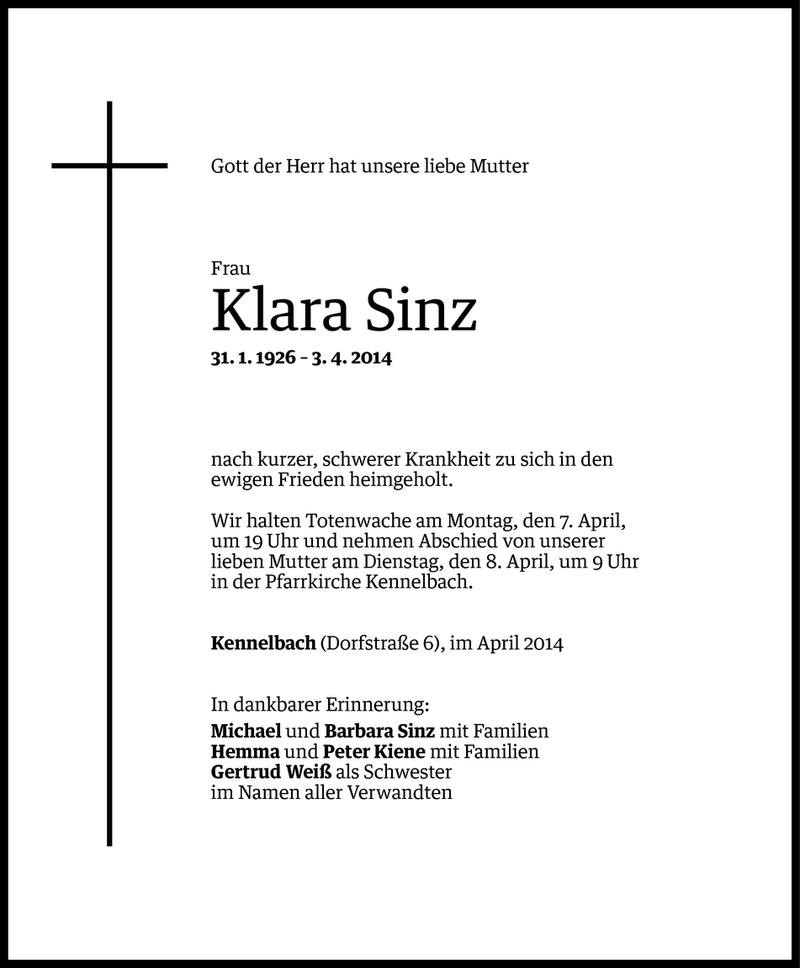  Todesanzeige für Klara Sinz vom 04.04.2014 aus Vorarlberger Nachrichten