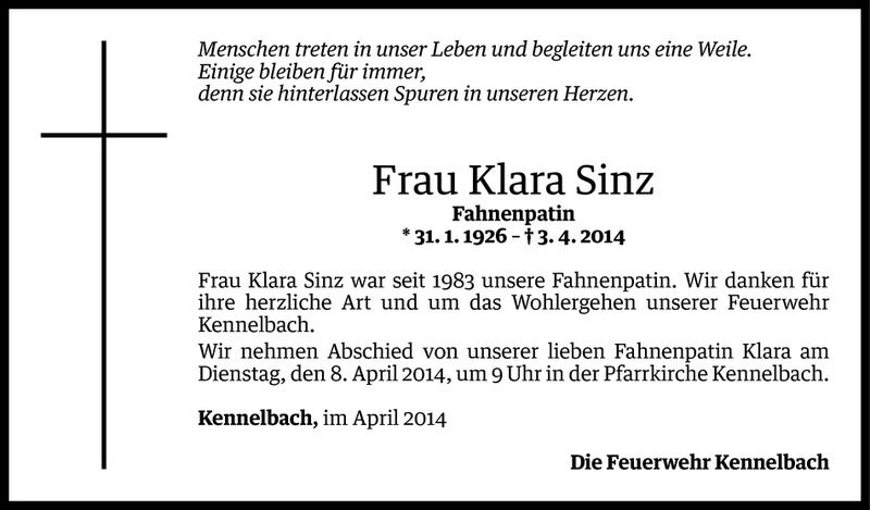  Todesanzeige für Klara Sinz vom 06.04.2014 aus Vorarlberger Nachrichten