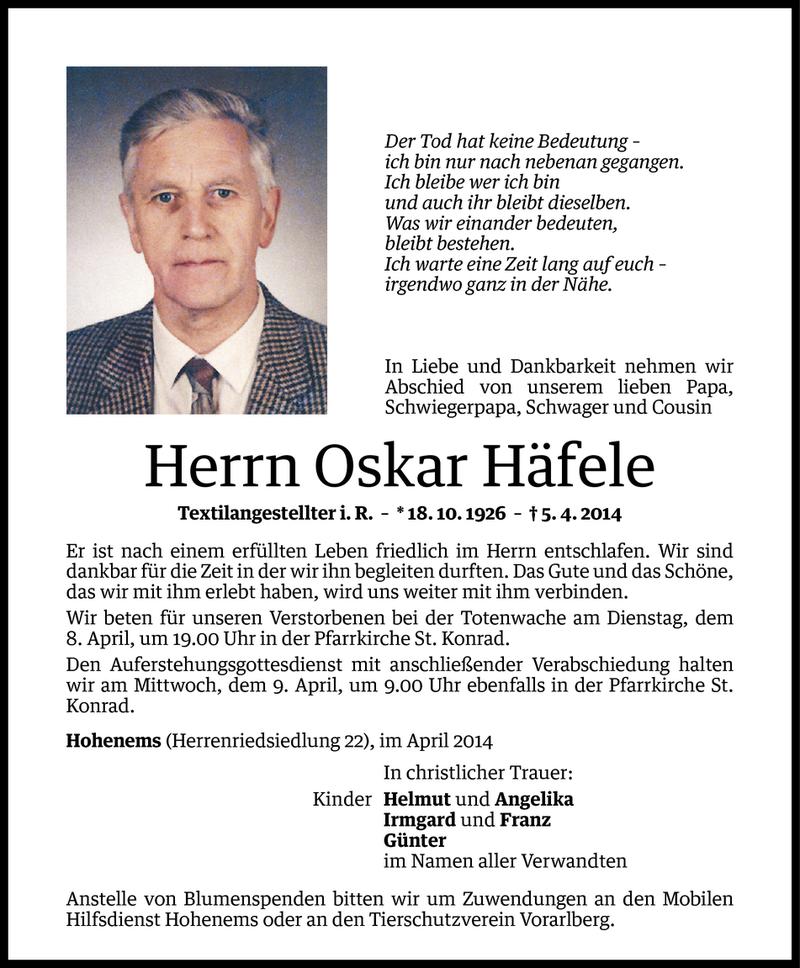  Todesanzeige für Oskar Häfele vom 07.04.2014 aus Vorarlberger Nachrichten