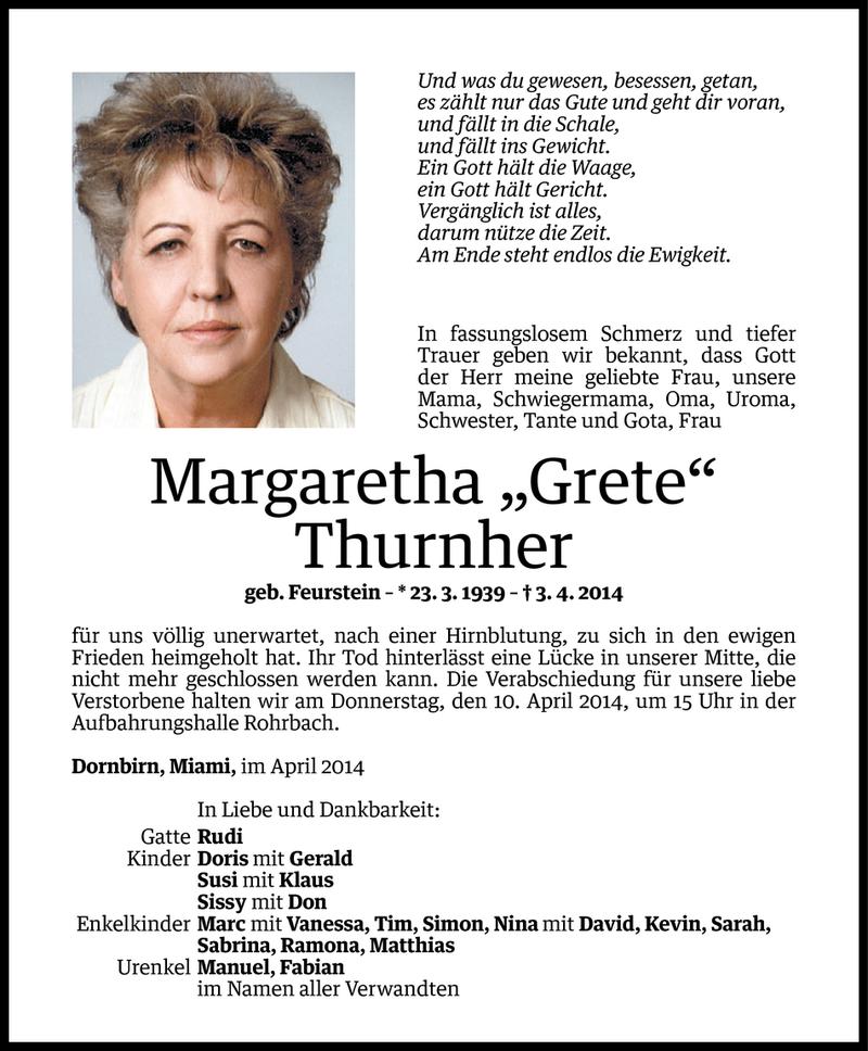  Todesanzeige für Margaretha Thurnher vom 07.04.2014 aus Vorarlberger Nachrichten