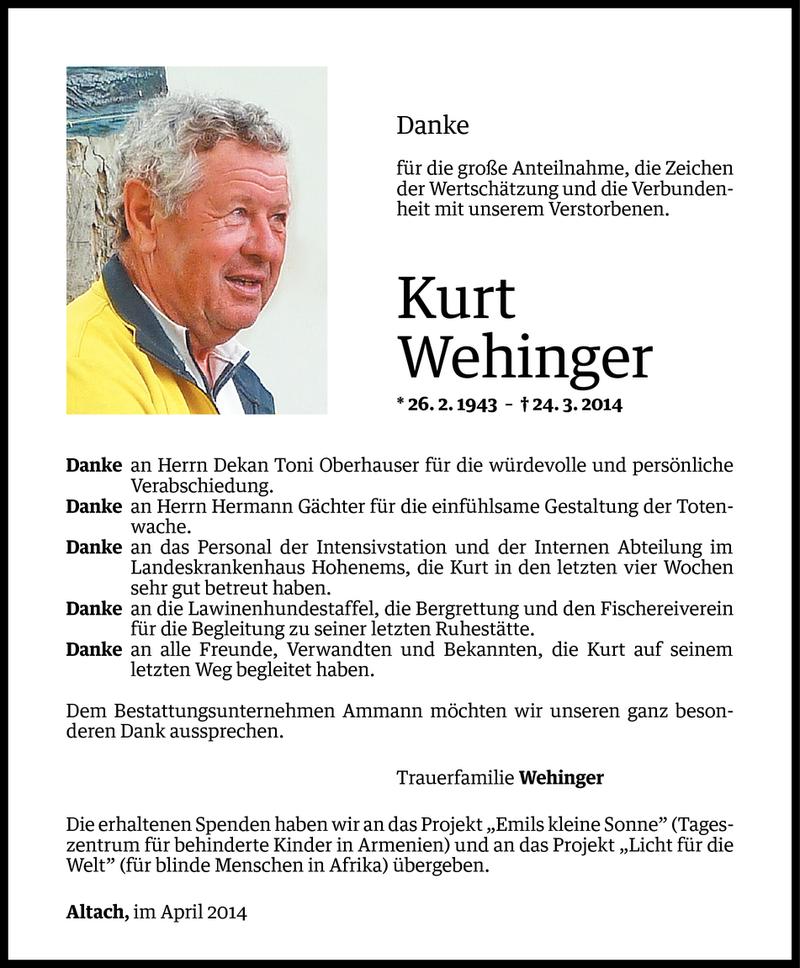  Todesanzeige für Kurt Wehinger vom 08.04.2014 aus Vorarlberger Nachrichten