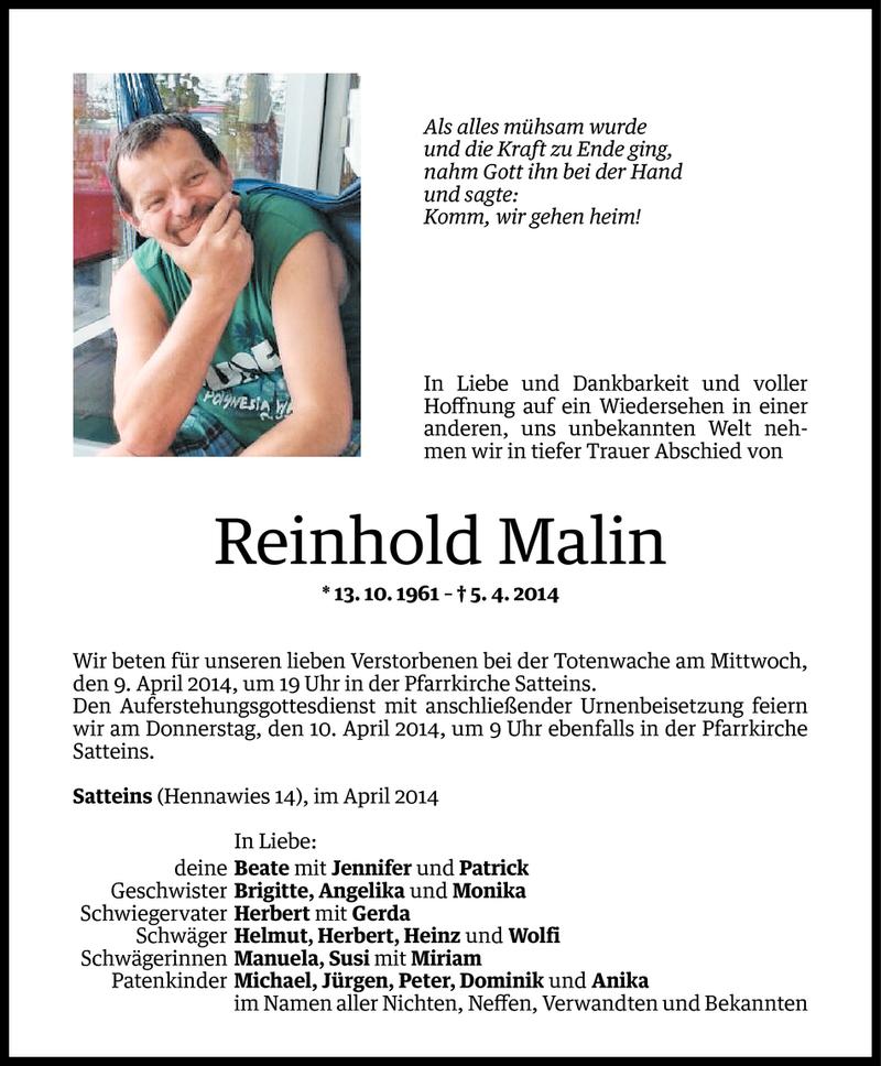  Todesanzeige für Reinhold Malin vom 07.04.2014 aus Vorarlberger Nachrichten