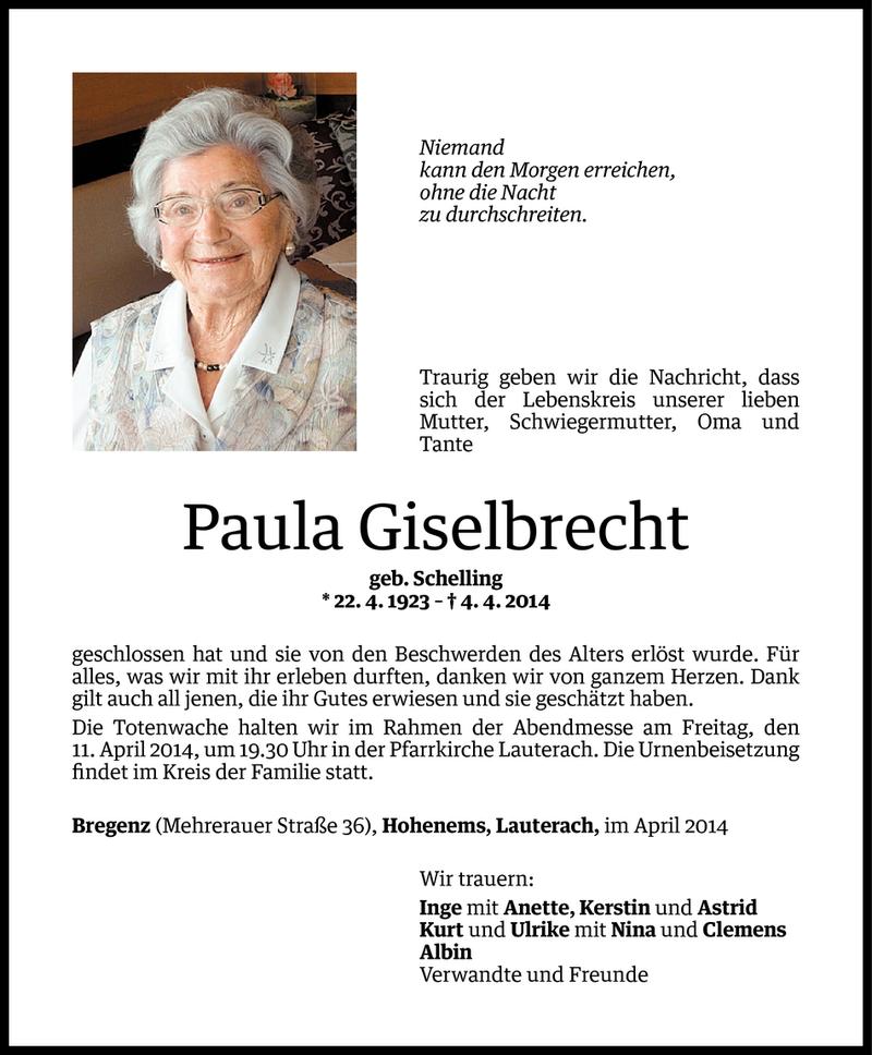  Todesanzeige für Paula Giselbrecht vom 08.04.2014 aus Vorarlberger Nachrichten