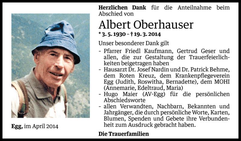  Todesanzeige für Albert Oberhauser vom 08.04.2014 aus Vorarlberger Nachrichten