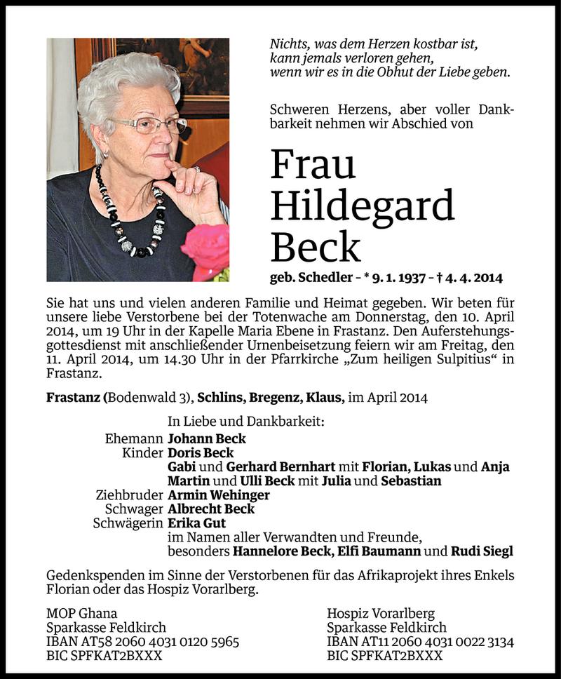  Todesanzeige für Hildegard Beck vom 08.04.2014 aus Vorarlberger Nachrichten