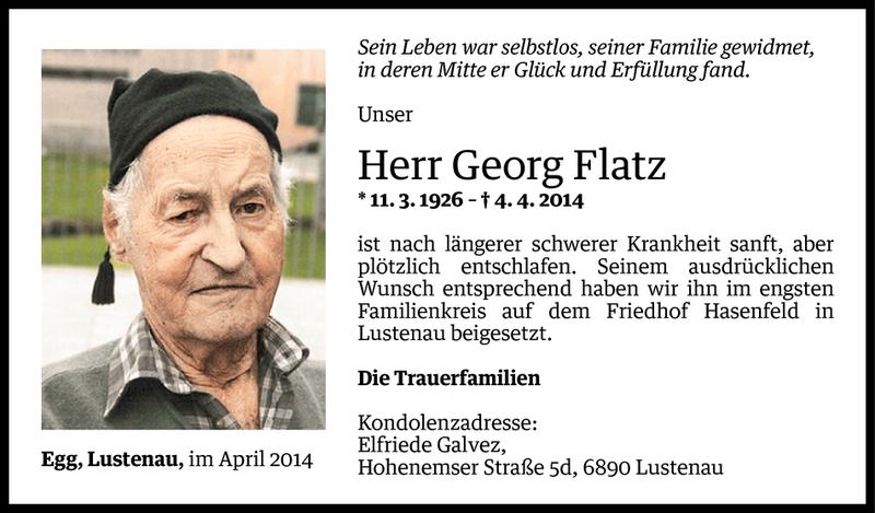  Todesanzeige für Georg Flatz vom 10.04.2014 aus Vorarlberger Nachrichten