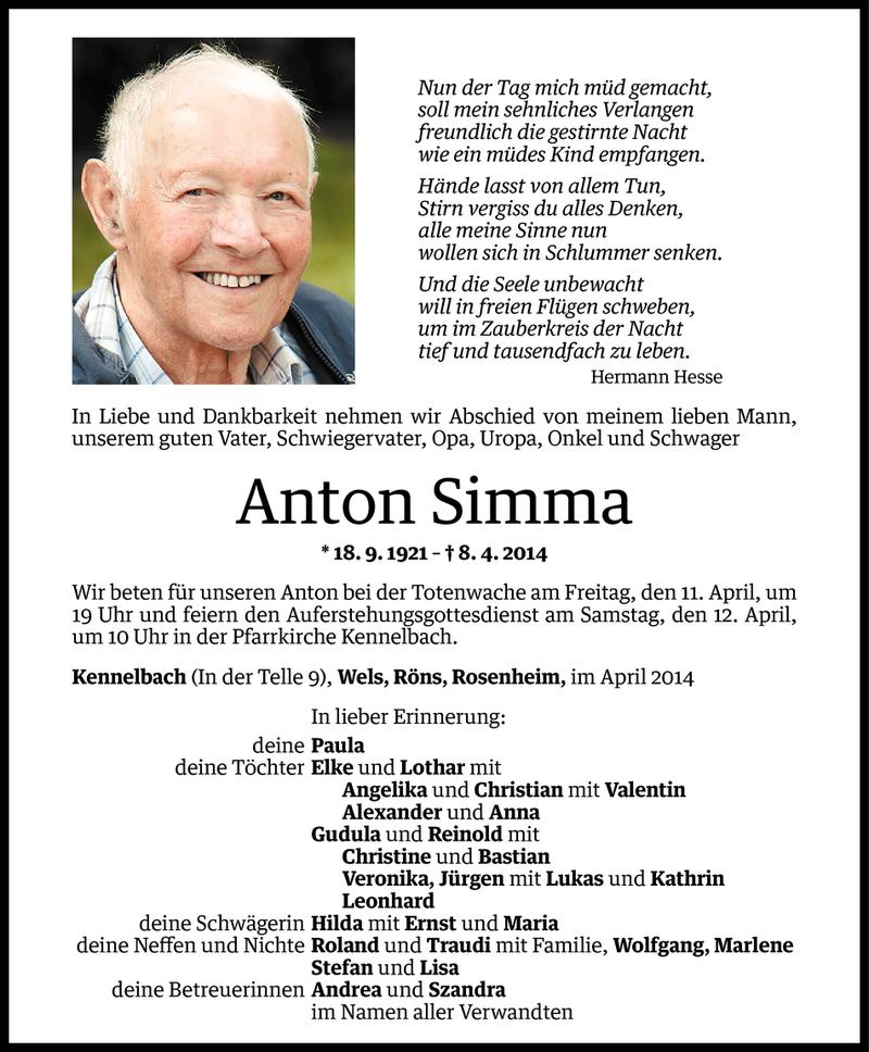  Todesanzeige für Anton Simma vom 09.04.2014 aus Vorarlberger Nachrichten