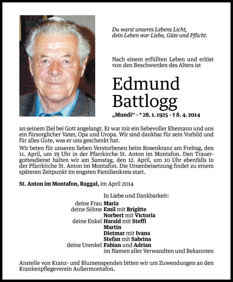  Todesanzeige für Edmund Battlogg vom 10.04.2014 aus Vorarlberger Nachrichten