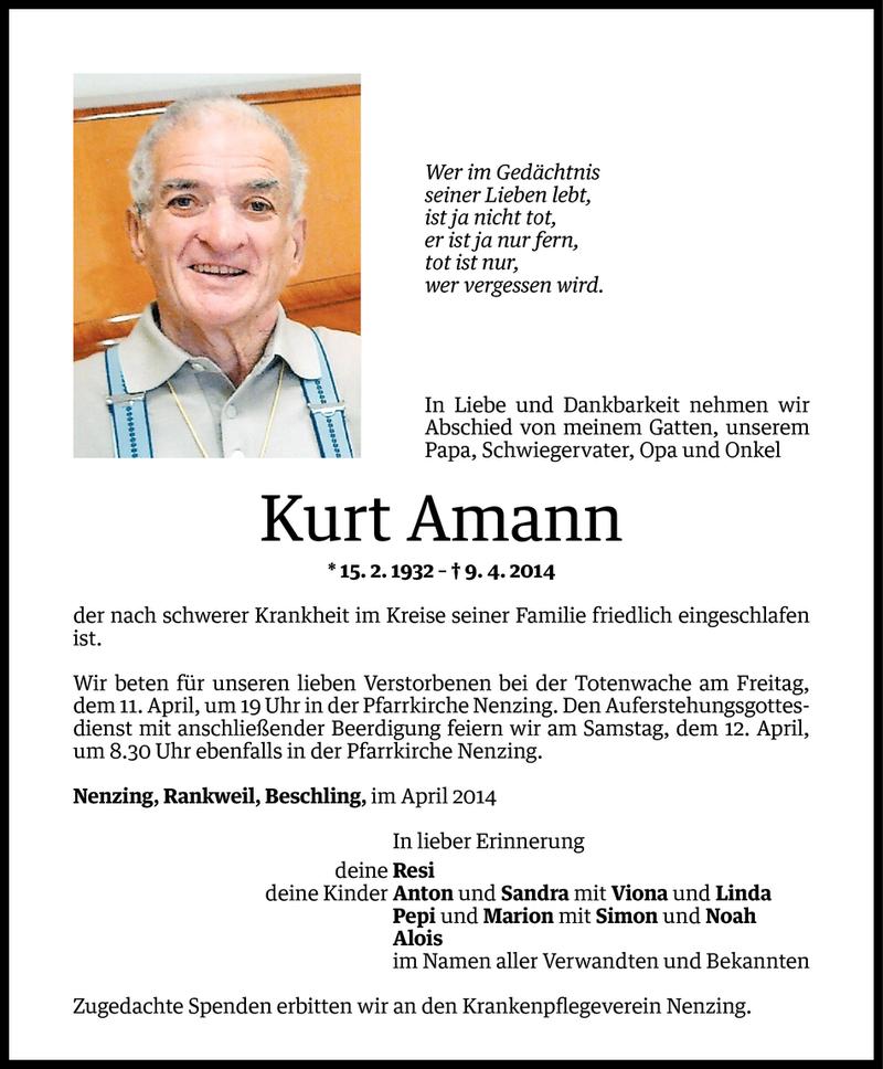  Todesanzeige für Kurt Amann vom 10.04.2014 aus Vorarlberger Nachrichten