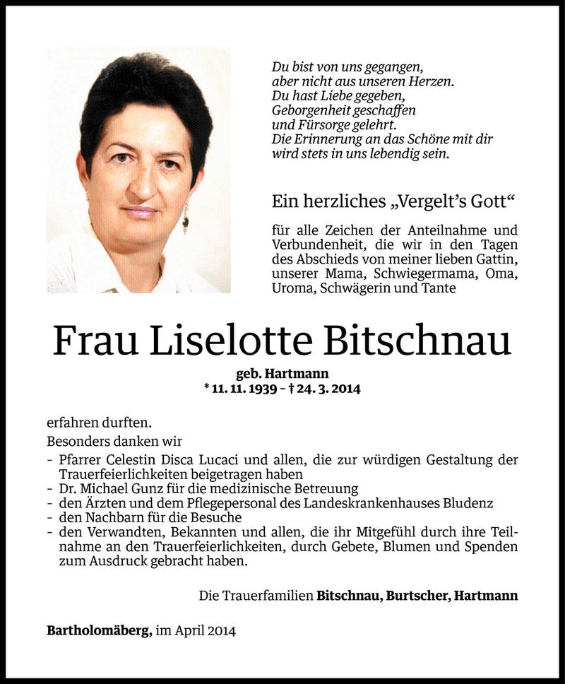  Todesanzeige für Liselotte Bitschnau vom 10.04.2014 aus Vorarlberger Nachrichten