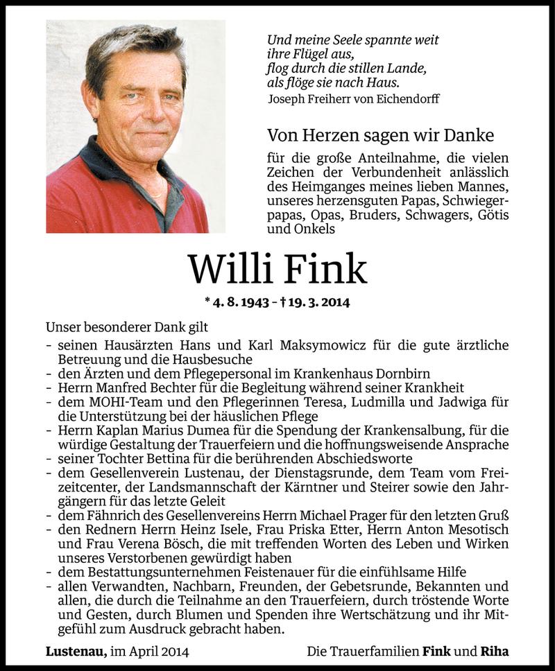  Todesanzeige für Willi Fink vom 10.04.2014 aus Vorarlberger Nachrichten