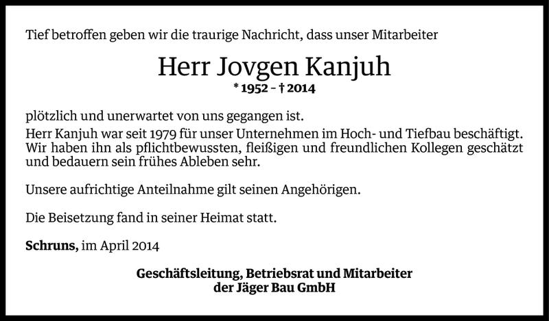  Todesanzeige für Jovgen Kanjuh vom 11.04.2014 aus Vorarlberger Nachrichten