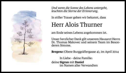 Todesanzeige von Alois Thurner von Vorarlberger Nachrichten