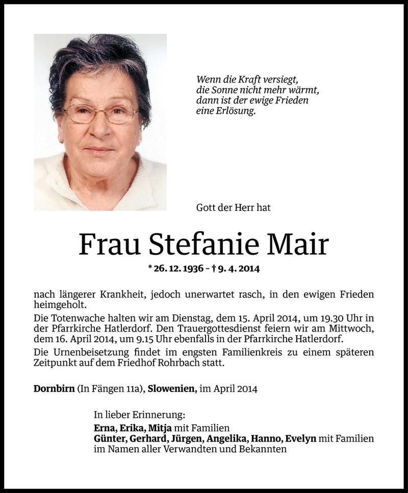  Todesanzeige für Stefanie Mair vom 11.04.2014 aus Vorarlberger Nachrichten