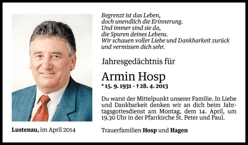  Todesanzeige für Armin Hosp vom 11.04.2014 aus Vorarlberger Nachrichten