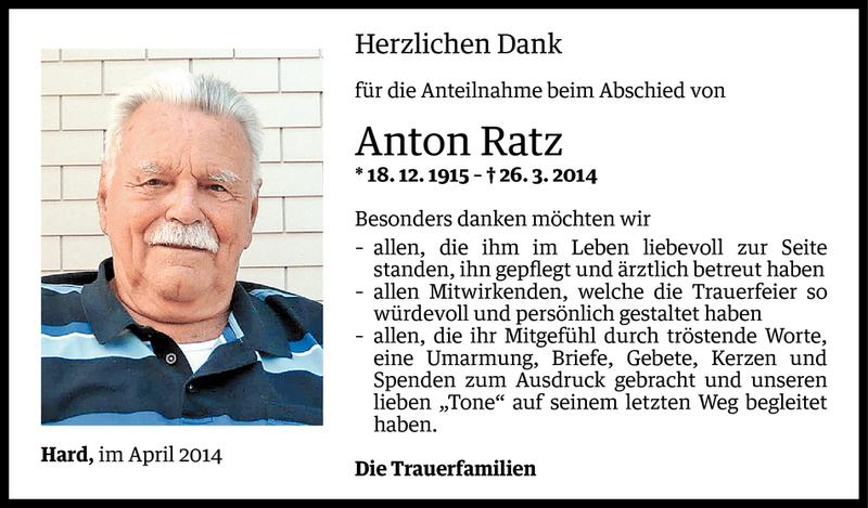  Todesanzeige für Anton Ratz vom 11.04.2014 aus Vorarlberger Nachrichten