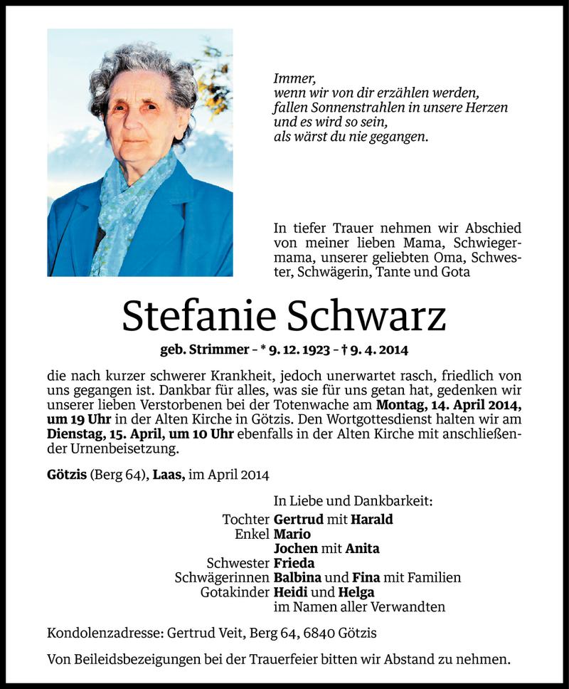  Todesanzeige für Stefanie Schwarz vom 11.04.2014 aus Vorarlberger Nachrichten