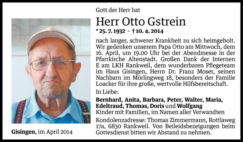  Todesanzeige für Otto Gstrein vom 12.04.2014 aus Vorarlberger Nachrichten