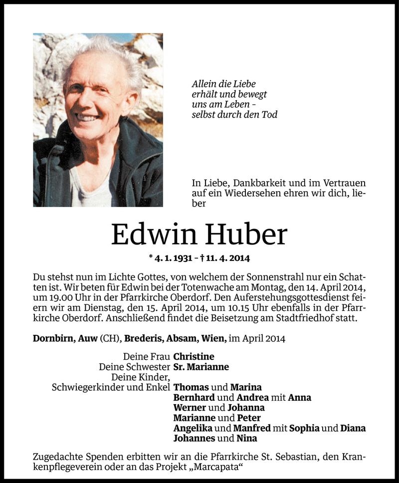  Todesanzeige für Edwin Huber vom 11.04.2014 aus Vorarlberger Nachrichten