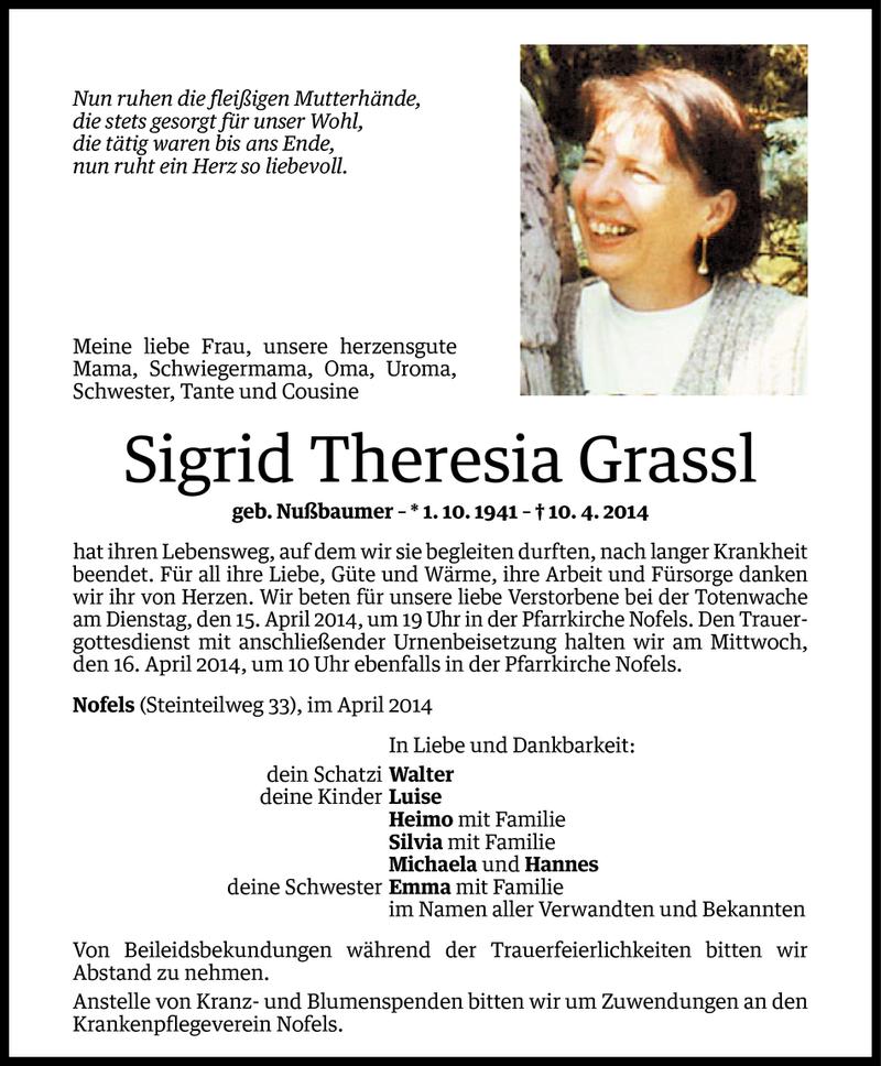  Todesanzeige für Sigrid Theresia Grassl vom 13.04.2014 aus Vorarlberger Nachrichten